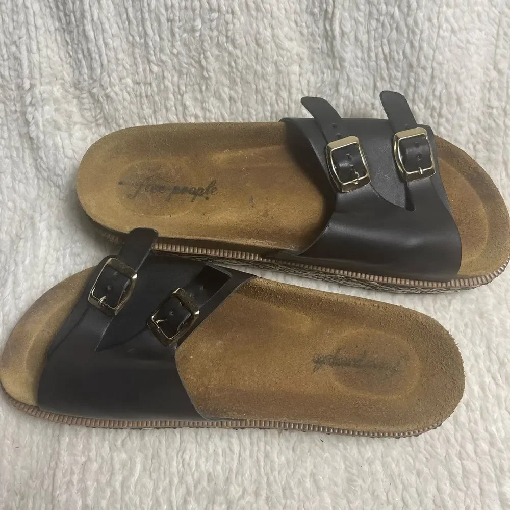 Free People caravelle leather Black Cork footbed Double Strap Sandals EUR SZ41